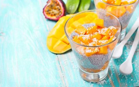 Chia pudding  and mango pieces Stock Photos
