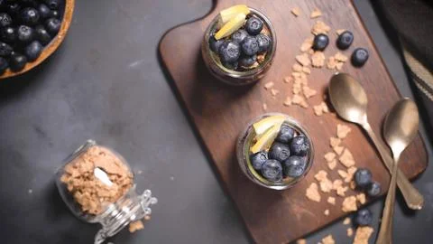 Chia pudding with blueberries Stock Photos