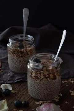 Chia Pudding with Granola in Jars Stock Photos