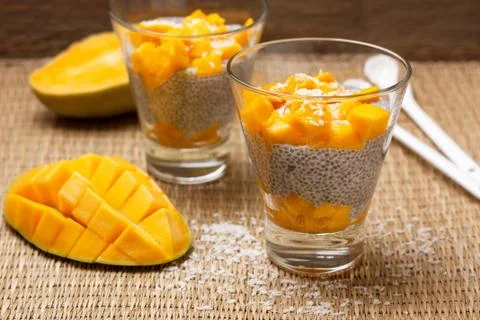 Chia pudding with mango Stock Photos