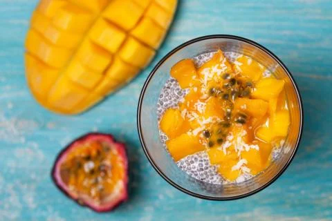 Chia pudding with mango Stock Photos