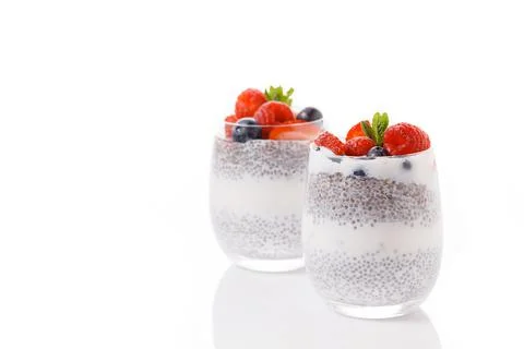 Chia seed pudding with berries isolated on white background Stock Illustration