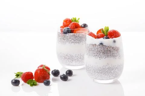 Chia seed pudding with berries on white background, raspberry, strawberry Stock Illustration