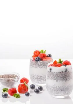 Chia seed pudding with berries on white background, raspberry, strawberry Stock Illustration