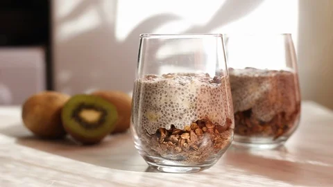 Chia seed pudding with coconut milk Stock Footage 128346834