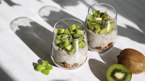 Chia seed pudding with coconut milk Stock Footage 128347506