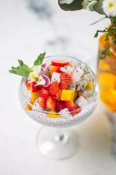 Chia Seed Pudding with Fresh Fruit on Marble Table Stock Photos