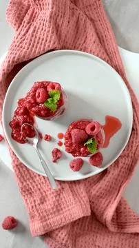 Chia seed pudding with fresh raspberry coulis, top view Stock Photos