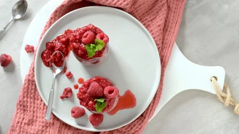 Chia seed pudding with fresh raspberry coulis, top view Stock Photos