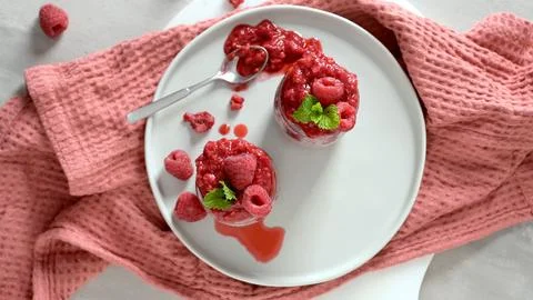 Chia seed pudding with fresh raspberry coulis, top view Stock Photos