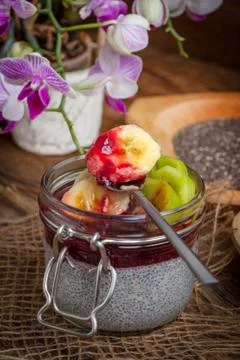 Chia seed pudding with fruit. Stock Photos