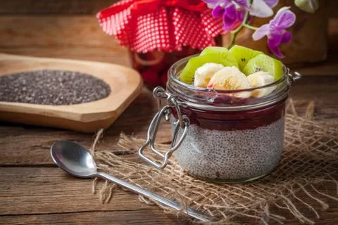 Chia seed pudding with fruit. Stock Photos
