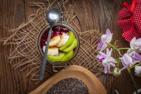 Chia seed pudding with fruit. Stock Photos