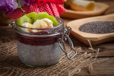 Chia seed pudding with fruit. Stock Photos