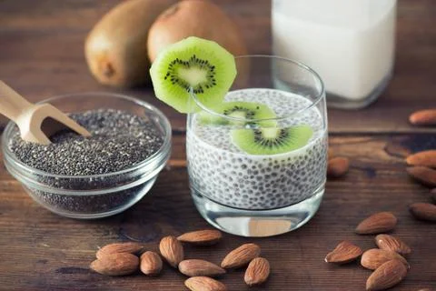 Chia seed pudding with kiwi Stock Photos