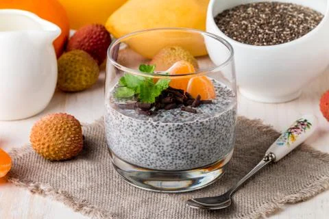 Chia seed pudding  with mangoes and tangerines Stock Photos