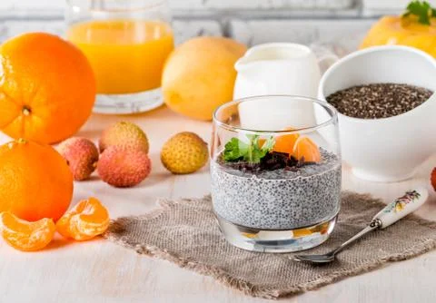 Chia seed pudding  with mangoes and tangerines Stock Photos