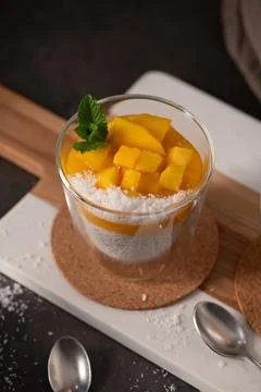 Chia Seed Pudding Topped with Fresh Mango Cubes and Coconut Shavings Stock Photos