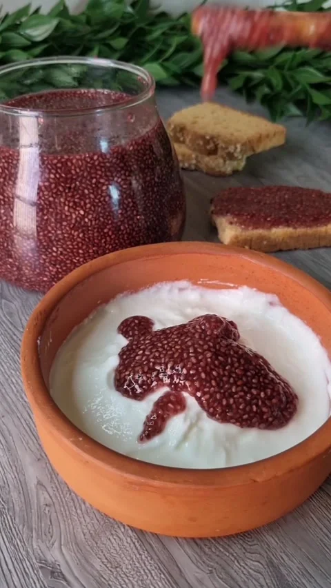 Chia Seed Pudding with Yogurt in Clay Bowl - Healthy Breakfast Stock Stock Footage 344380099