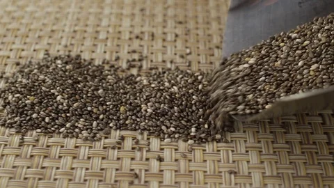 Chia seeds fall out of a metal scoop Stock Footage 123713592