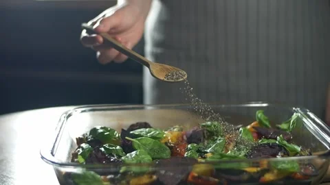 Chia seeds falling slow motion, healthy food, preparing healthy meal at home Stock Footage 276420810
