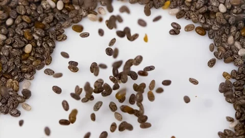 Chia Seeds falling on white surface slow motion 1500fps close up Stock Footage 119473341