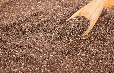 Chia seeds with wooden spoon Stock Photos