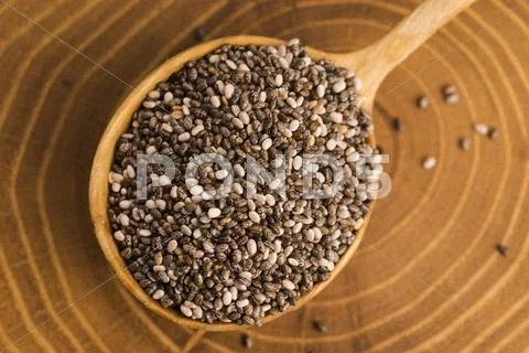 Chia Seeds On Wooden Spoon