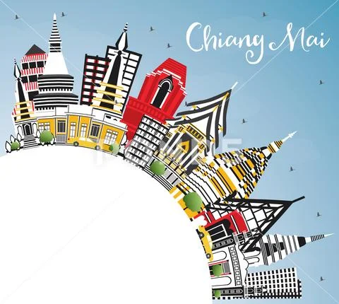 Chiang Mai Thailand City Skyline with Color Buildings, Blue Sky and Copy Spac Stock Illustration