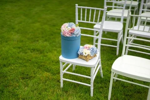 Chiavari chairs on grass. Diagonal composition. Stock Photos