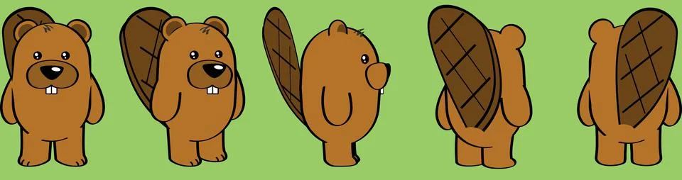 Chibi beaver cartoon perspective view set Stock Illustration