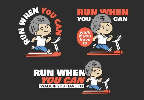 Chibi boy runner running of treadmill, flat illustration design in 3 version Stock-Illustration