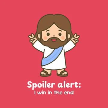 Chibi Jesus with Raised Hands and Spoiler Alert Quote Stock Illustration