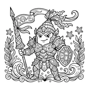 Chibi style armored warrior character holding spear and shield under deep s.. Stock Illustration