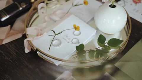 Chic and stylish wedding decor incorporates beautiful rings, lovely floral Stock Footage 307924297