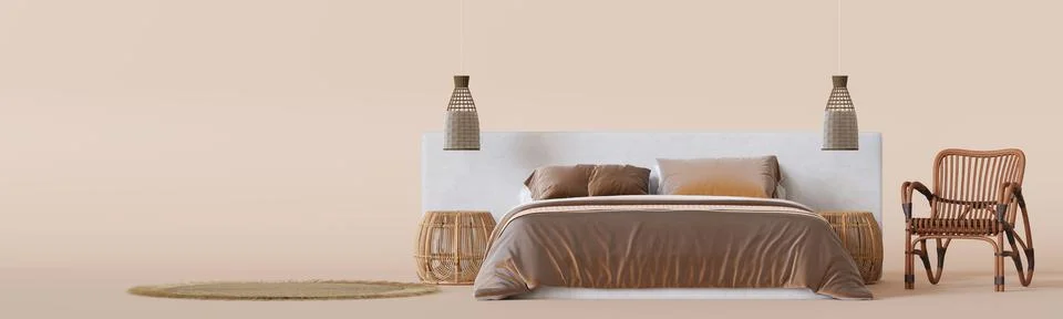 Chic bed, flanked by unique woven bedside tables and accented with stylish Stock Illustration