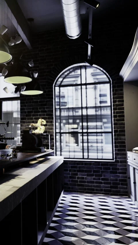 Chic coffee shop with warm lighting and artistic design elements Stock Footage 331690905