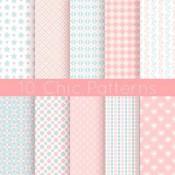 Chic different vector seamless patterns. Pink, white and blue Illustrazione stock