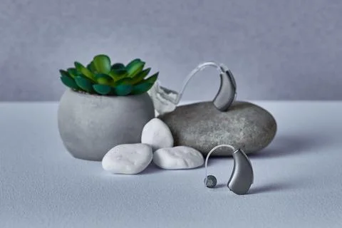 Chic hearing aids sit beside decorative stones and a succulent, highlightin.. 写真素材