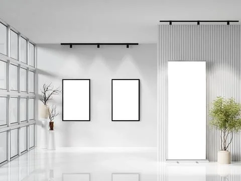 Chic interior with framed blanks and vertical light panel, 3D render Illustrazione stock