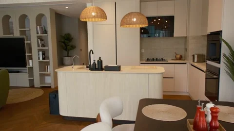 A chic kitchen in an expensive private villa in Dubai, illuminated by sunlight Stock Footage 272799248