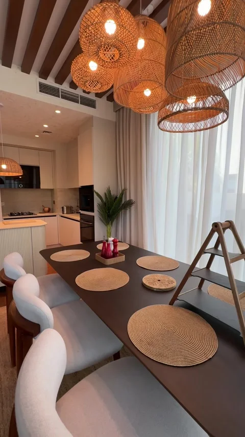 A chic kitchen in an expensive private villa in Dubai, illuminated by sunlight Stock Footage 310734635