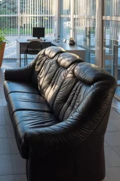 Chic leather sofa in a spacious office Stock Photos