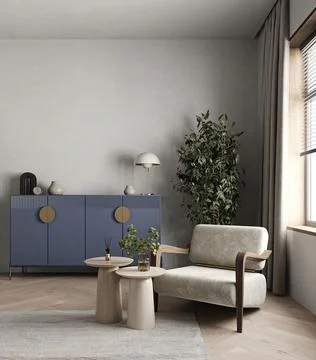 A chic living room corner with a comfortable armchair, trendy blue sideboard Stock Illustration
