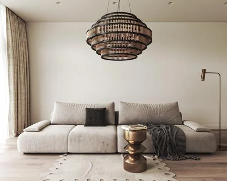 Chic living space with modern design, elegant sofa, stylish lighting, trendy Illustrazione stock