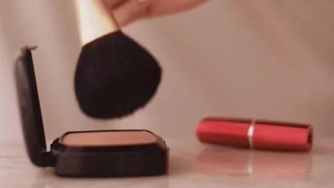 Chic make-up products on marble table, powder, lipstick and brush as background Stock Footage 135071029