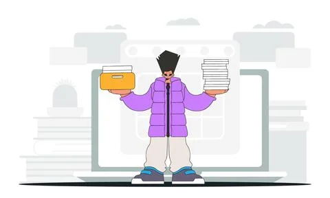 A chic man holds stacks of documents in his hands. Graphic illustration on .. Stock Illustration