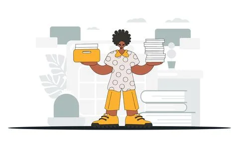 A chic man holds stacks of documents in his hands. An illustration demonstr.. Stock Illustration