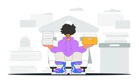 A chic man holds stacks of documents in his hands. An illustration demonstr.. Stock Illustration