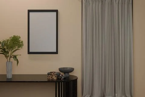 A chic, minimalist interior features a beige wall with a black-framed blank.. Illustration